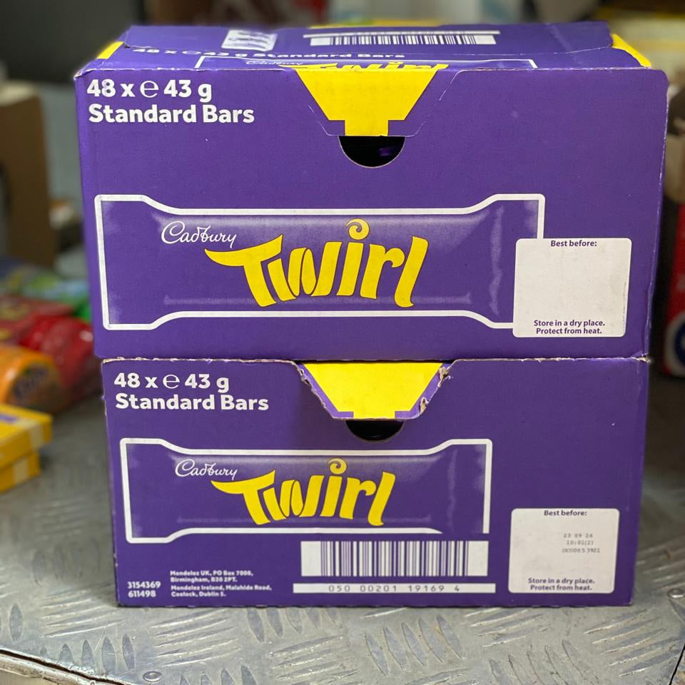 Cadbury Twirl 43g (Pack of 48) is a bulk box of the classic chocolate bars
